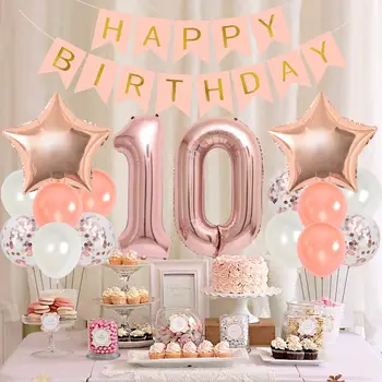 10. Dzimšanas dienu Apdare Meitene Rose Gold Dubultā Cipari 10 gadu Dzimšanas dienas Rotājumi ar Number10 Baloni Karājas Swirls Kūka Topper