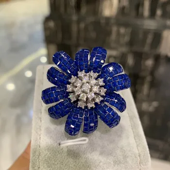 35MM zila krāsa daisy ziedu gredzens 925 sudraba ar kubikmetru zircon neredzami uzstādīt smalku sieviešu rotaslietas bezmaksas piegāde