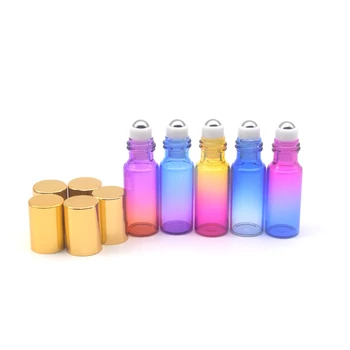 5gab Slīpums Krāsains 5ml Rullīšu Stikla Pudele Tukša Smaržas Ēteriskās Eļļas Smaržu Roll-Uz Pudeles Zelta Vāciņu