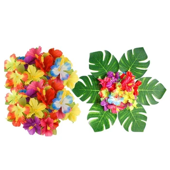 Akcijā! 90Pcs Tropisko Palmu Lapām un Hibiscus Ziedi, Mākslīgie un Lapām Augi Hibiscus Ziedu Svētki Deco, Havaju Puse