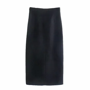 BBWM ir 2021. Sieviešu Tvīda Black Vintage Gadījuma Elegants Birojs Dāmu Svārki Sieviešu Streetwear Slim Sadalīt Augstums Vidukļa Midi Svārki Šiks