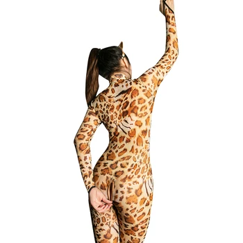 Bodysuit Sexy Apakšveļa Sievietēm Cosplay Leopard Ķermeņa ganāmpulka divvirzienu Rāvējslēdzēju, garām Piedurknēm Atvērt Eksotisko Catsuit Tērpi Dzimums