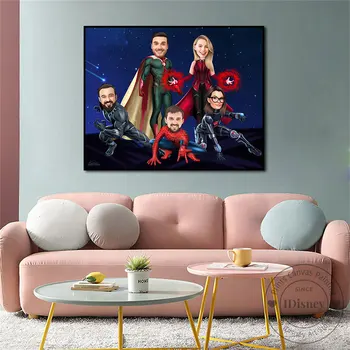 Brīnums Pasūtījuma Portrets Ģimenes 5 Rakstzīmes Personalizētu Supervaronis Tēvs, Māte un Bērni Karikatūra Avengers Portrets Labākā Dāvana
