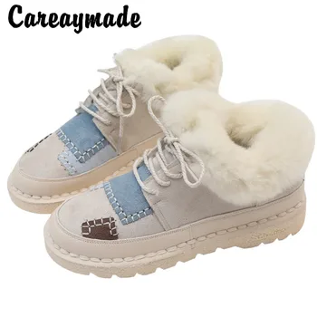 Careaymade-Jaunas ziemas mežģīnes up sieviešu kurpes mākslas RETRO color matching plīša trušu kažokādas apavi dzīvoklis ikdienas roku darbs, kokvilnas apavi