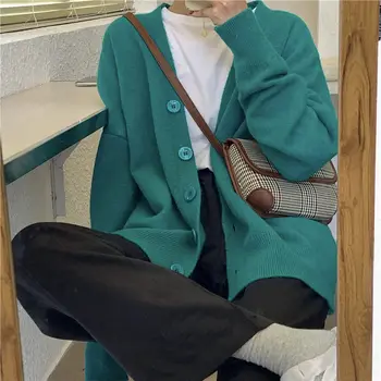 Džemperi Jakas Sieviešu Vintage Plats Piedurkņu Zaļā Krāsains Cietā Vienu Krūtīm Šiks Modes Salds Zaudēt Gadījuma Outwear