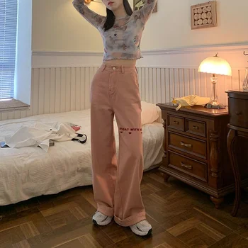 Džinsi Sieviešu Rozā Vasaras Jauno korejas Modes Ins Izšuvumi Augsto Vidukli, Taisniem Visu maču Kawaii Pilna Garuma Baggy Vienkāršas Bikses