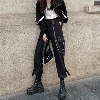 Gothic Sieviešu Kravas Bikses Harajuku Sieviešu Bikses Punk Ķēdes Harēma Bikses Sieviešu Hip Hop Mall Goth Streetwear Techwear