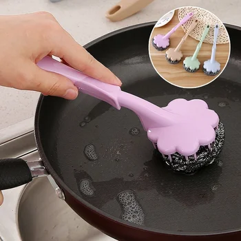 Ilgtermiņa Rokturi Bļodā Skruberi Sukas Nerūsējošā Tērauda Stiepļu Bumba Pot Brush Cleaner Trauku Mazgāšanas Virtuves Tīrīšanas Rīki
