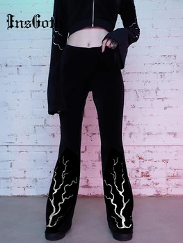 InsGoth Gothic Liesmas Izšuvumu Melna Izlīdzināšanu Bikses Sievietēm Grunge Estētisko Bikses Sievietēm Augsta Vidukļa Samta Garas Bikses Streetwear