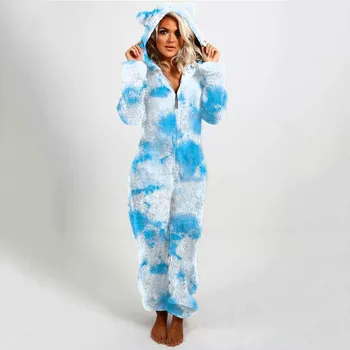 Ir 2021. Ziemas Siltas Pidžamas Sieviešu Kaklasaišu Krāsošanas Drukāt Pūkainas Vilnas Jumpsuits Sleepwear Kopumā Pārsegu Komplekti, Pidžamas Onesie Sievietēm Pieaugušo