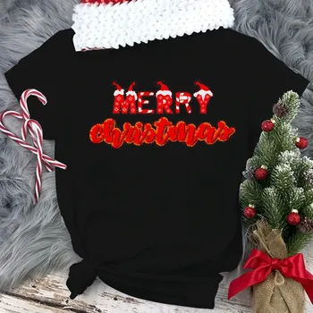 Jaunu Priecīgus Ziemassvētkus Melns T Krekls Sieviešu Modes Ziemassvētki T-krekls Dāmas ar Īsām Piedurknēm Grafiskais Tee Krekli, Sieviešu Ikdienas Gudrs T-krekli