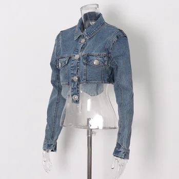 Jaunā stila noliktavā augsta vidukļa dobi no mini džinsu jaka modes džinsa mētelis