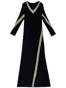 KARSTĀ PĀRDOŠANAS Miyake reizes trīs ceturksnī modes v-veida kakla Slīpuma svītru Taisna kleita NOLIKTAVĀ