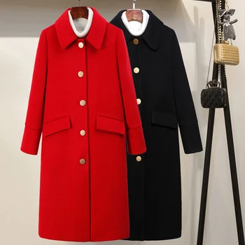 Melns Sarkans Sieviešu Vilnas Jaka Streetwear 2020 Jaunās Modes Slim Silts Sabiezēt Garo Mēteli Cietā Gadījuma Sieviešu Ziemas Vilnas Mēteļi