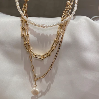 MENGJIQIAO korejas Eleganti Saldūdens Pērļu sānslīdi kaklasaite Rotaslietas Sievietēm, Meitenēm Modes Metāla Ķēdes Kāzu Kaklarota Bijoux Colares