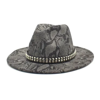 Metāla ķēdes džeza hat, fedora cepuri čūska iespiests raksts Kovboju Ziemas Fedora Cepuri Lielām Malām Vīriešiem Džeza Cepuri leapoard kārtas top cepure
