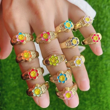 Modes Krāsu populārs sieviešu star ziedu pirkstu gredzeni, rotaslietas, modes emaljas ziedu gredzens zelta smiley sejas gredzeni