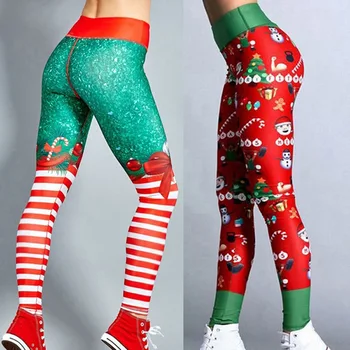 Modes Sieviešu KARSTĀ Stulpiņi Bikses Drukāt Augstā Vidukļa Stulpiņi Laimīgs Ziemassvētku Puse, Garas Bikses, Dāmām Ziemassvētki Bikses