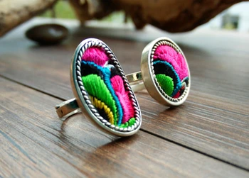 Nacionālā stila Izšuvumus, gredzeni, Miao sudraba pārklājumu etniskā kokvilnas rotaslietas radošas personības fashion krāsains gredzens