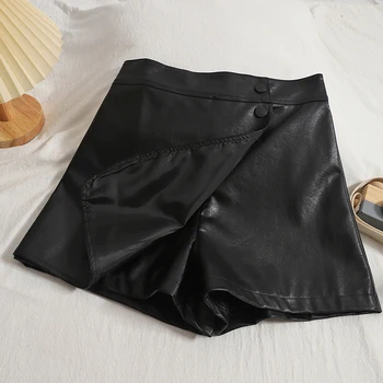 Sieviešu Elegants Vintage PU Ādas Šorti ar Augstu Vidukļa Rāvējslēdzēju Lidot Bikses Stilīgi Sieviešu Melnu Bēša Pantalones Cortos SA011