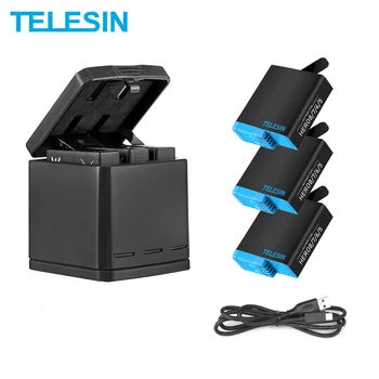 TELESIN 2 Akumulators + 3 Sloti Akumulatora Uzlādes Box 2 in 1 Tips-C, USB Kabelis GoPro Hero 8 7 6 5 Melns Kameru Piederumi