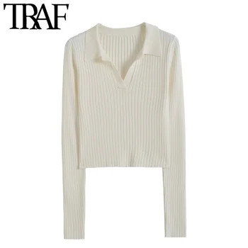 TRAF Sieviešu Modes Aprīkots Kultūru Adīt Džemperis Vintage Polo Apkakli, garām Piedurknēm, Sieviešu Džemperi Šiks Topi