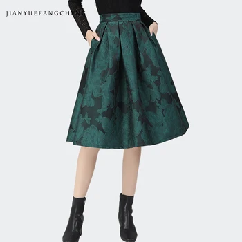 Vintage Green Žakarda Svārki Sieviešu Vidū-Garums Augsts Viduklis-Line Svārki Rudens Jaunas Elegantas Modes Dāmas Visu Maču Midi Svārki